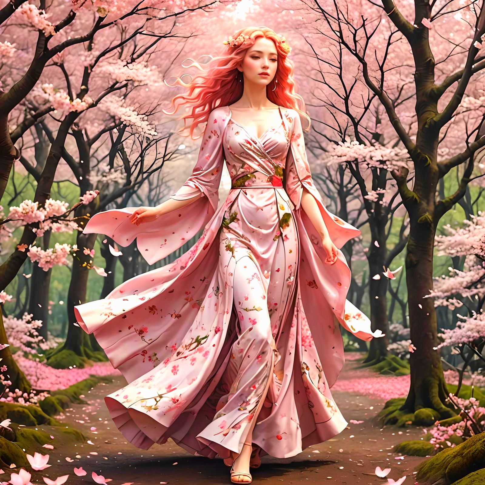 Ethereal Goddess Walks Amidst Sakura Bloom