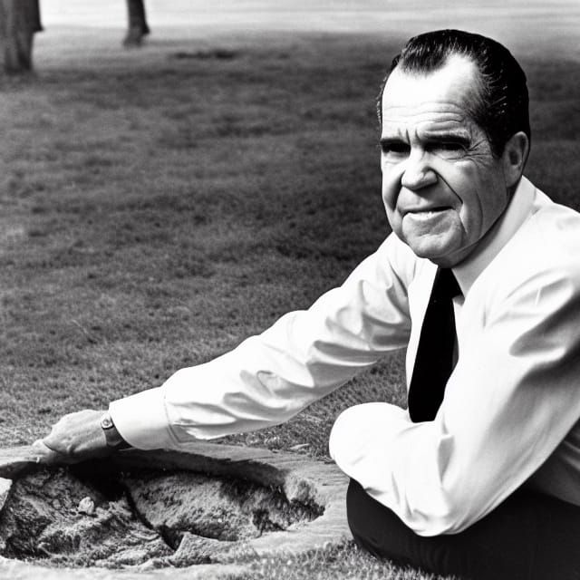 Richard Nixon crouching next to a hole