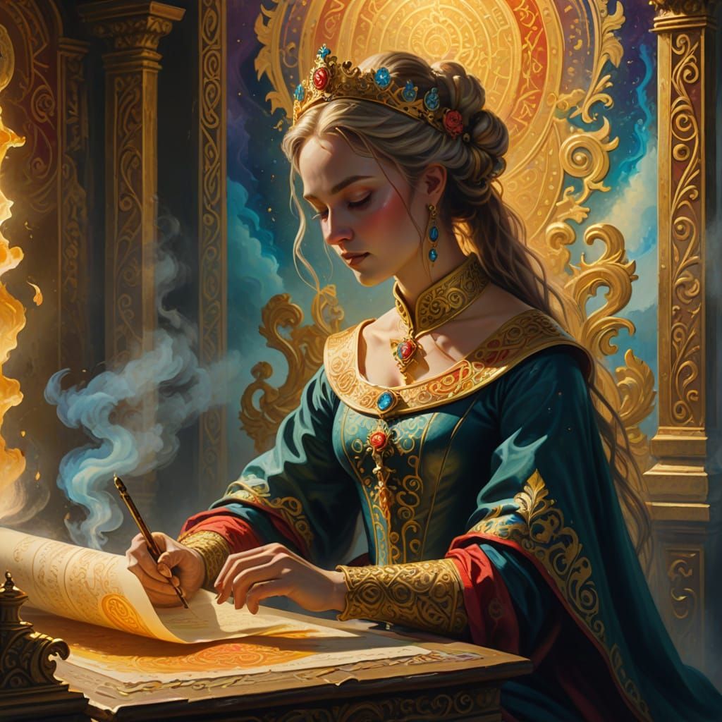 Sovereign Heiress Stamps a Scroll in Surreal Oil Painting