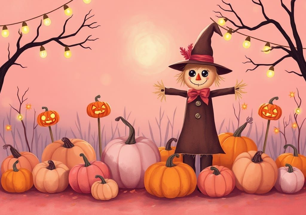 Pastel Pink Halloween Scene with Scarecrows