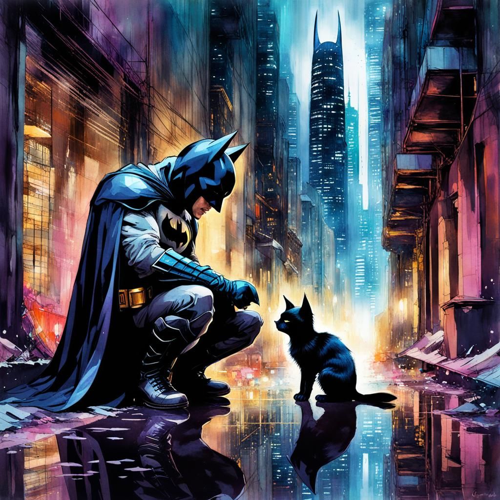 Batman and Kitten: Digital Watercolor Illustration
