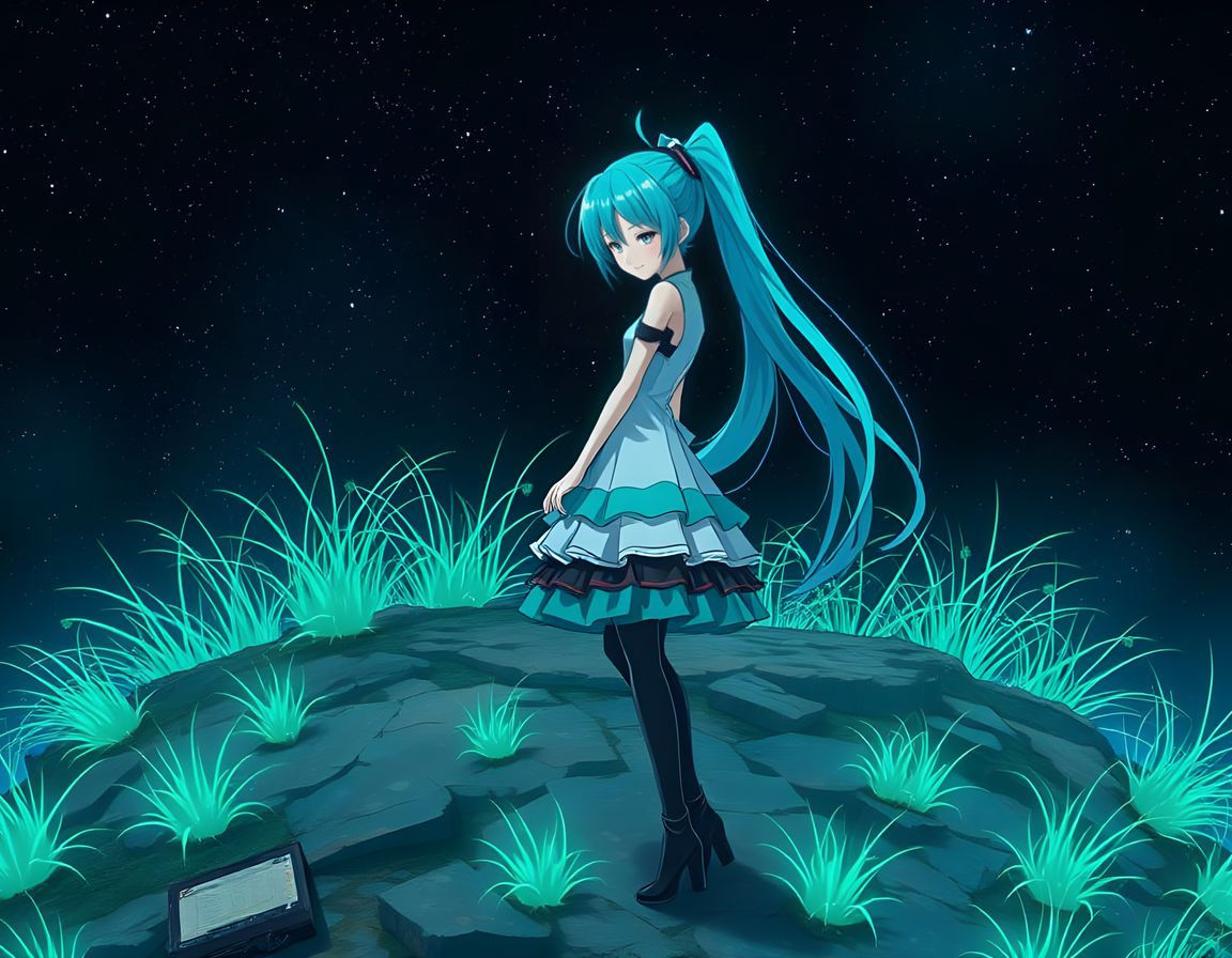 Hatsune Miku Standing on a Starry Hill in a Futuristic Night