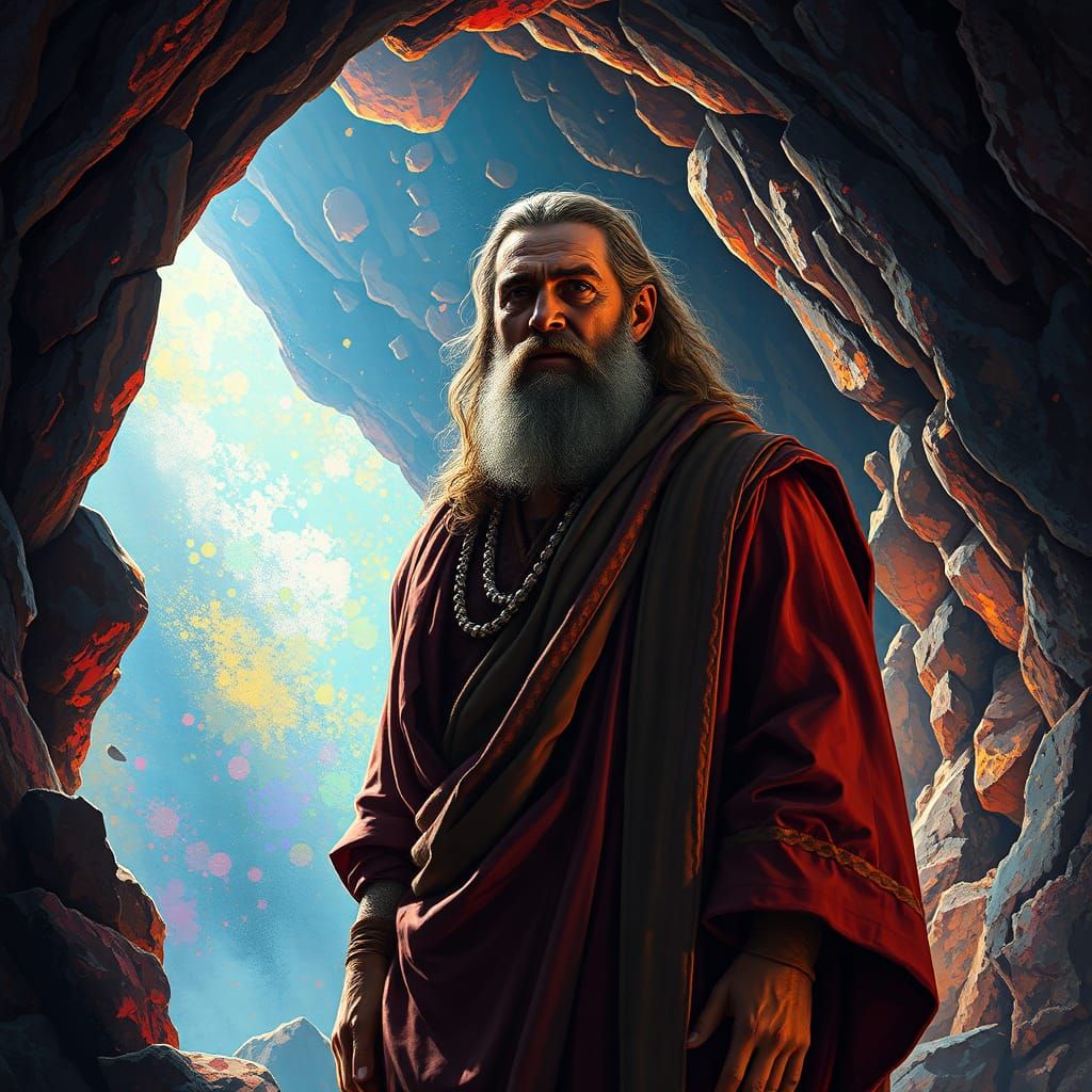 Prophet Elijah in Cave: Hyperrealistic Digital Art