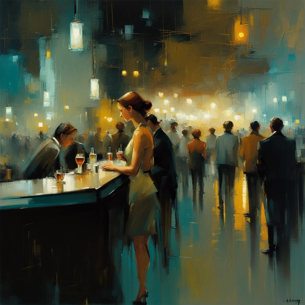 Nighttime Bar Scene in Abstract Oil Painting Style