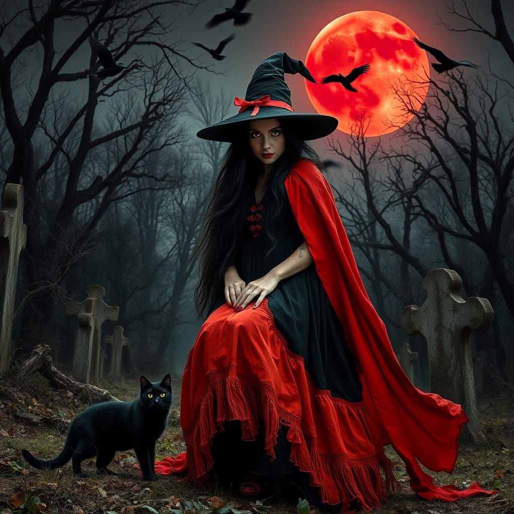 Eerie Woman in Woods Under Red Moon