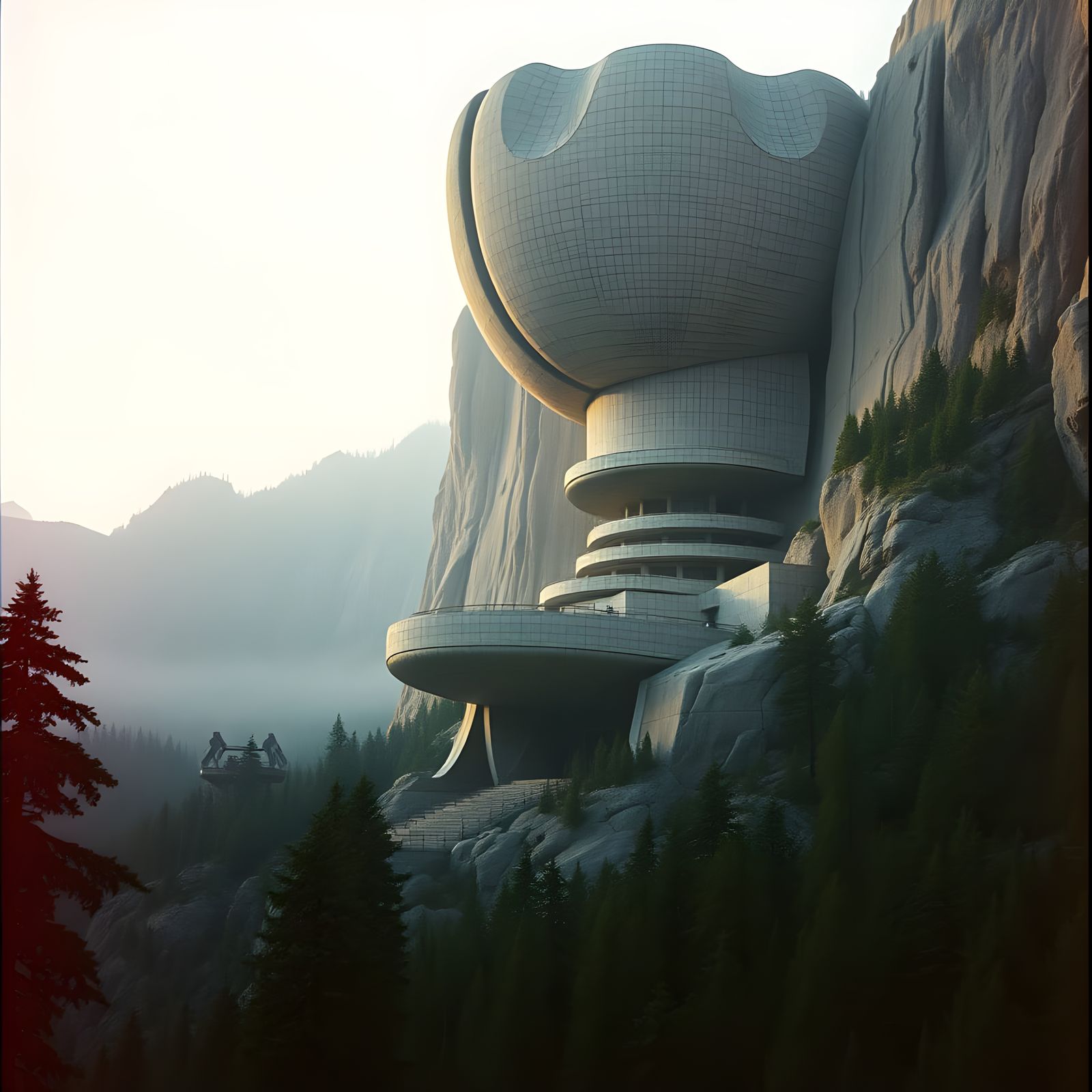 Futuristic Brutalist Building in Forested Landscape