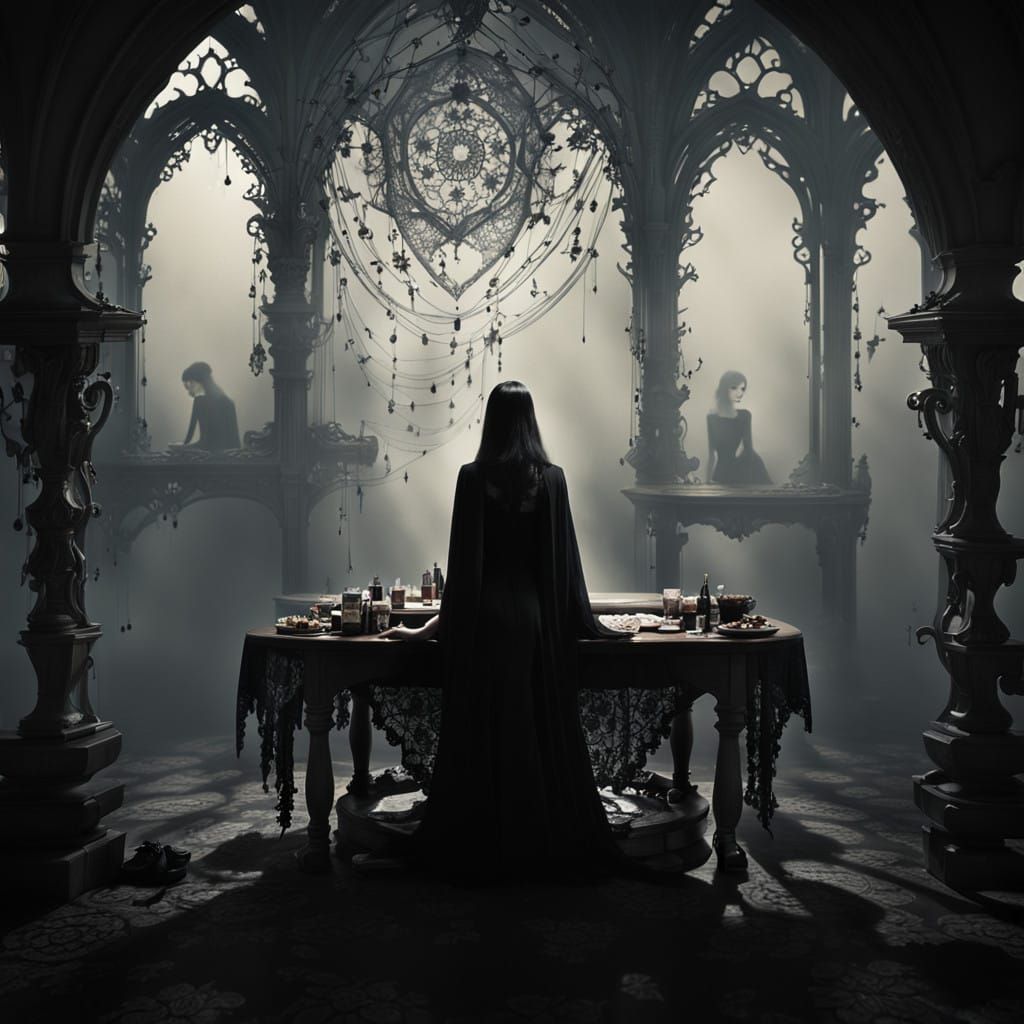 Gothic Fashion Model in a Haunting Coffee Shop Scene, Inspir...