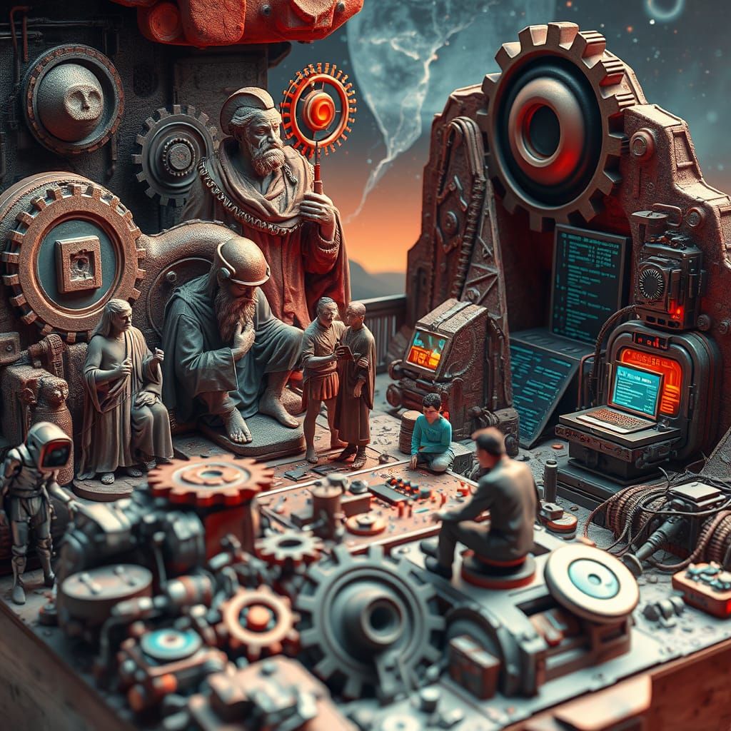 AI History Diorama in Atmospheric Sci-Fi Style