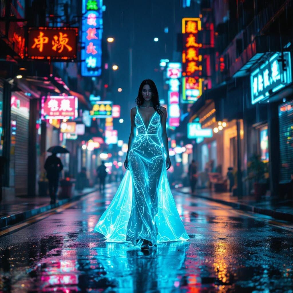 Bioluminescent Woman in Neon Hong Kong