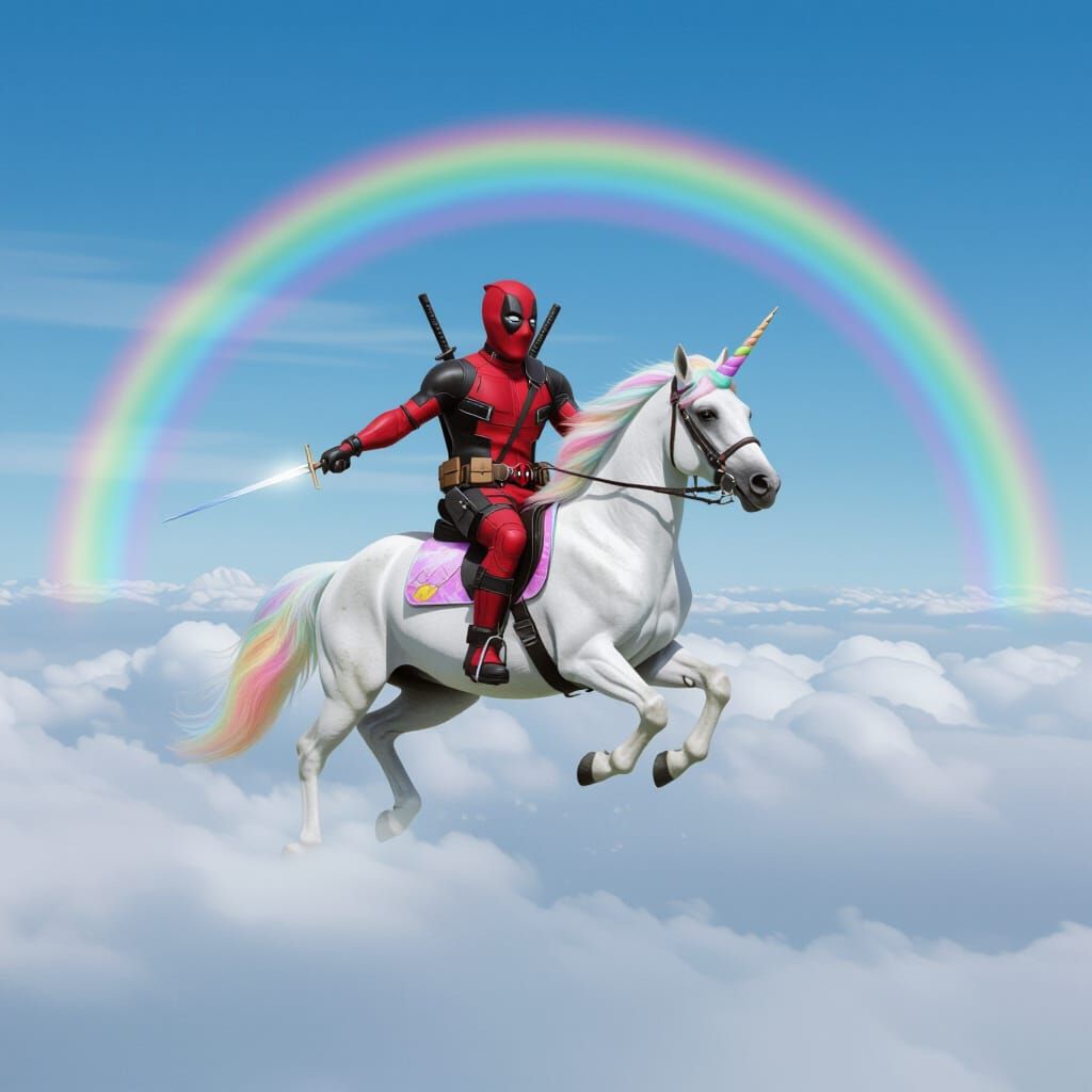 Deadpool Rides a Unicorn Through Rainbow Clouds