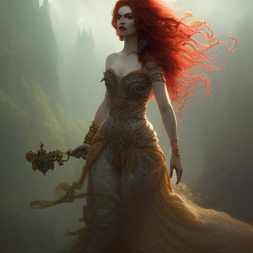 Red-Haired Goddess in Sinister Palace, Hyperdetailed Art