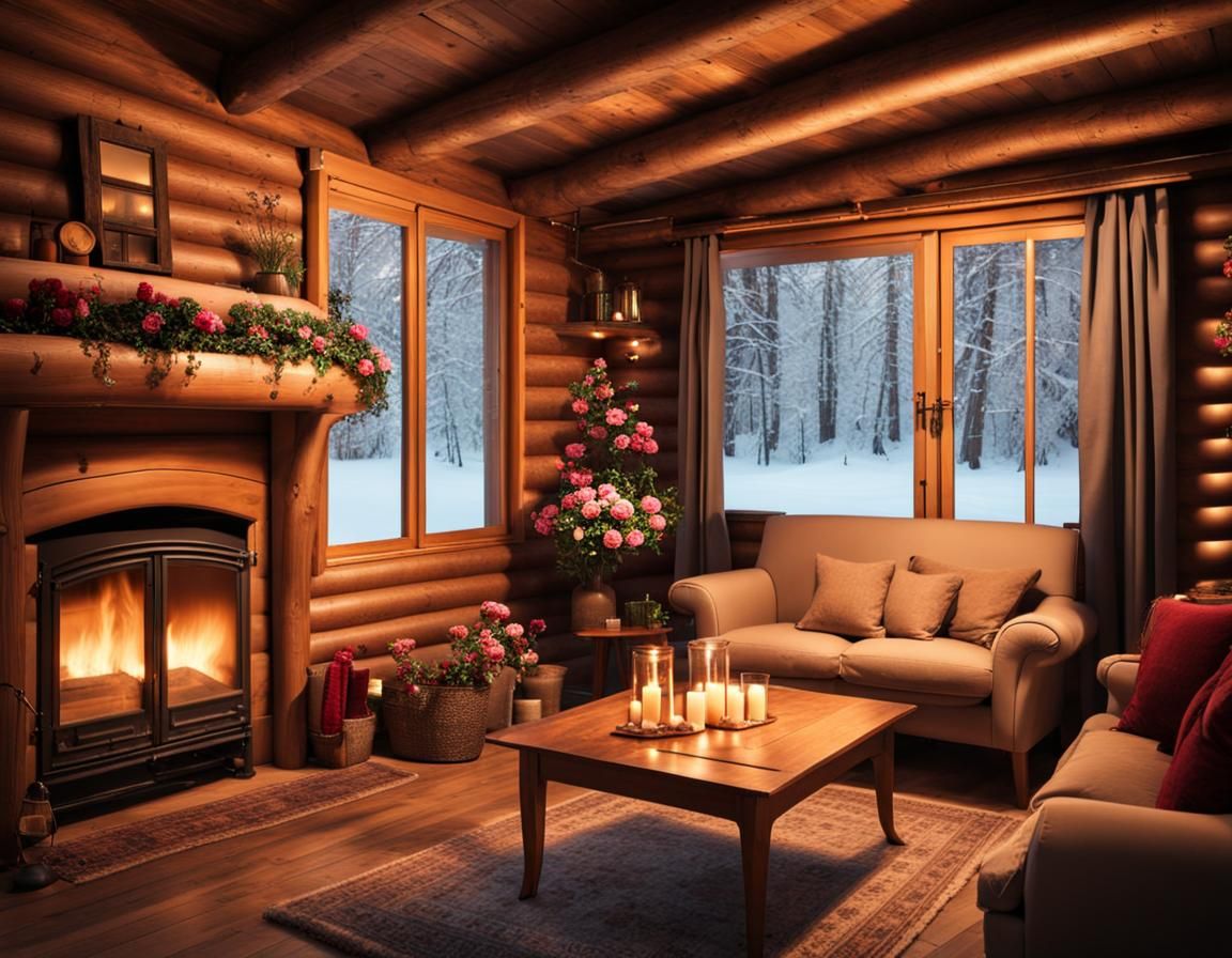 Cozy Winter Cottage Interior with Fireplace