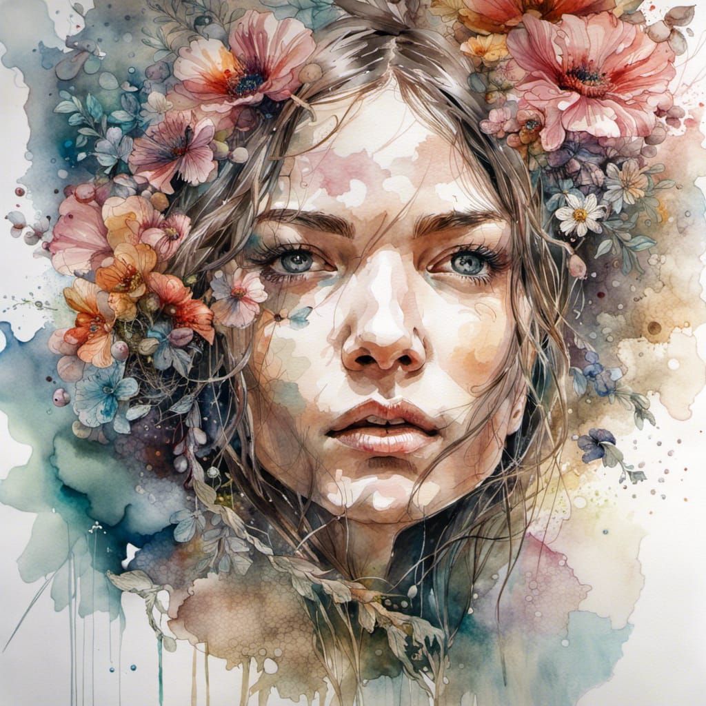 Watercolor portrait of a woman with flowers
