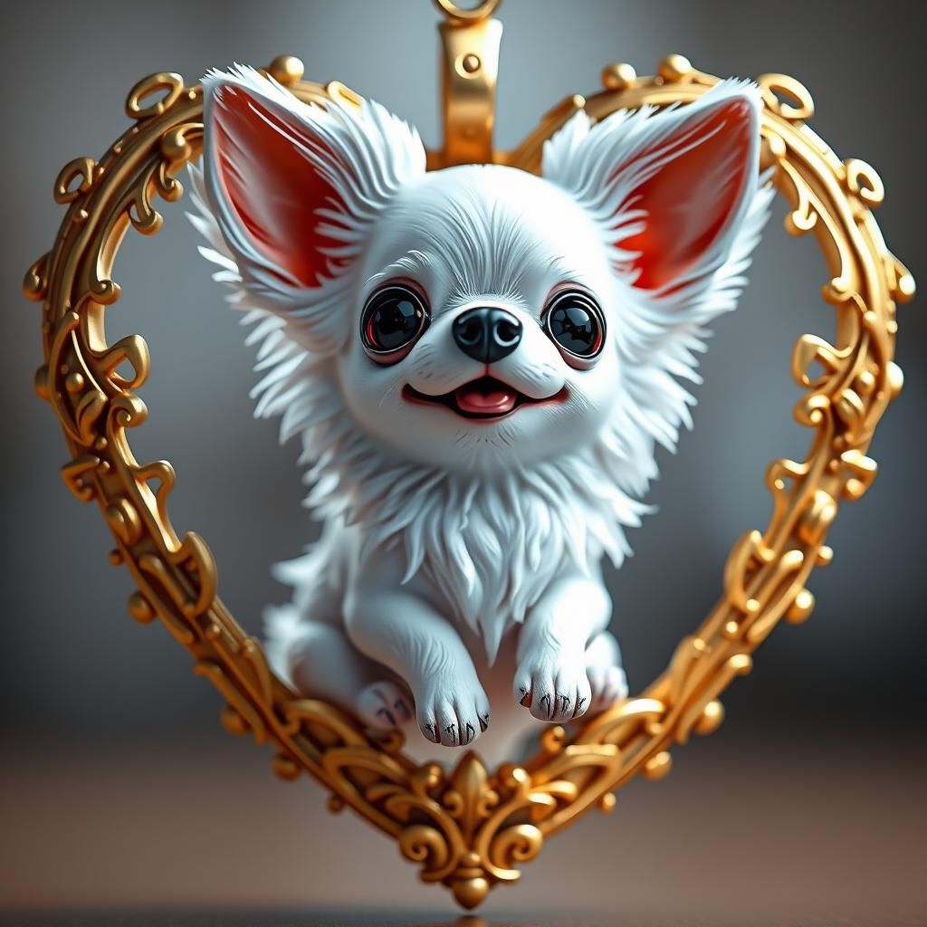 Chihuahua Figurine in Ornate Gold Heart Pendant