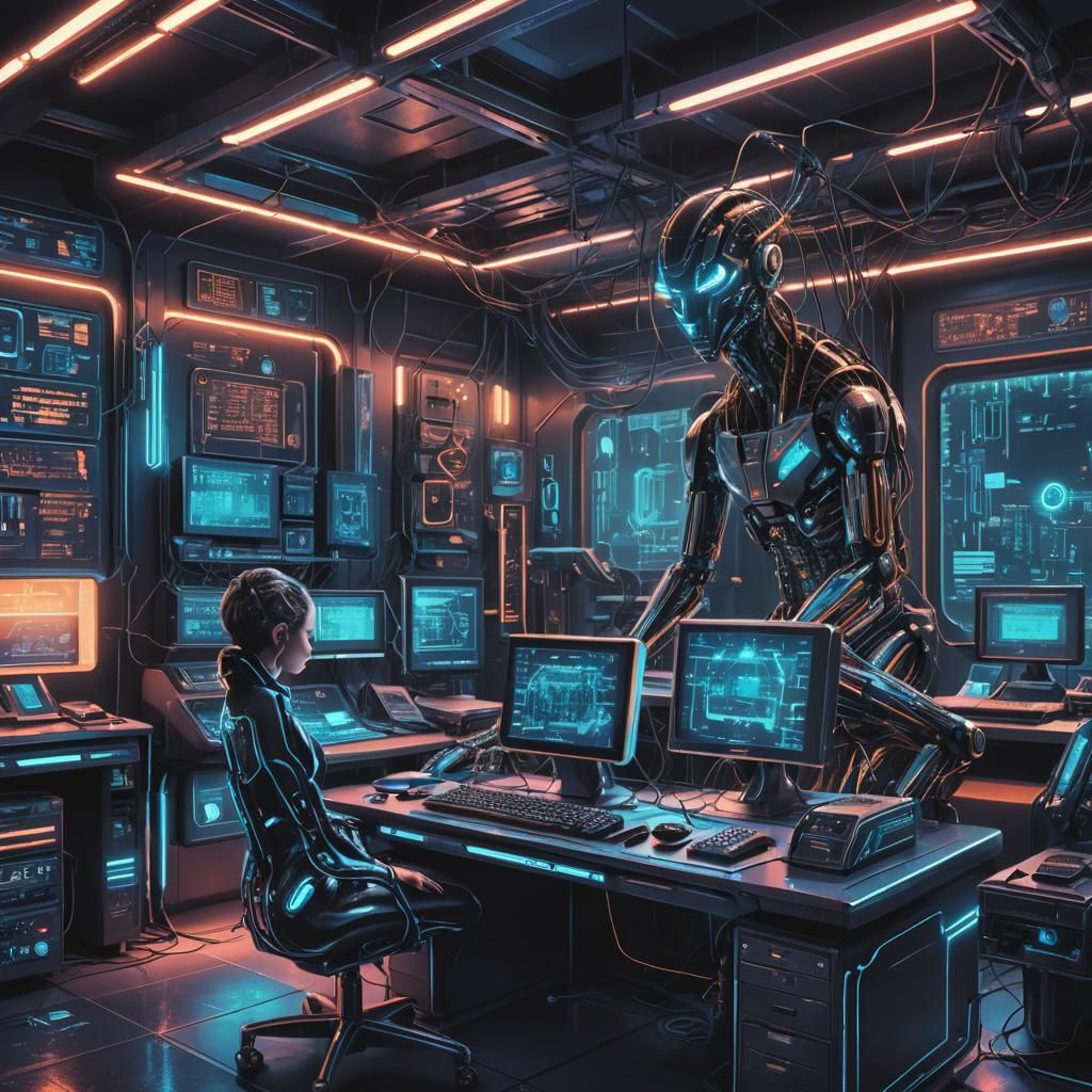 Cybernetic Organism in Neon Office: Synthwave Aesthetic