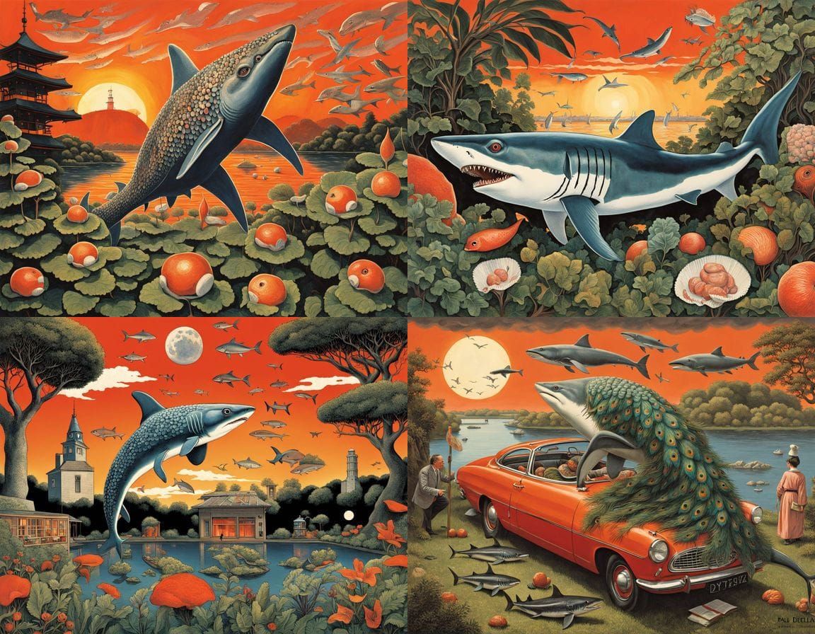 Mutant Peacock Shark Hybrid in Surreal Garden Landscape