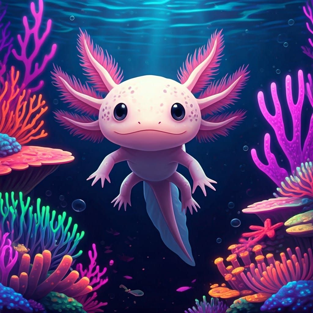 Vibrant Chibi Axolotl in Neon Underwater Dreamscape