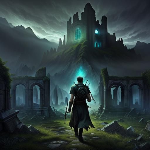 Ethereal Landscape Painting of Ancient Ruins at Twilight