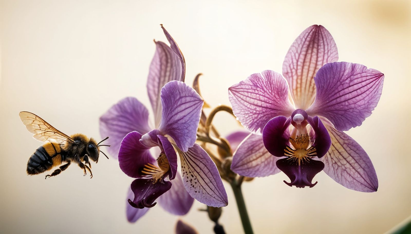 Macro Photograph of Pollen-Covered Bumblebee on Orchid