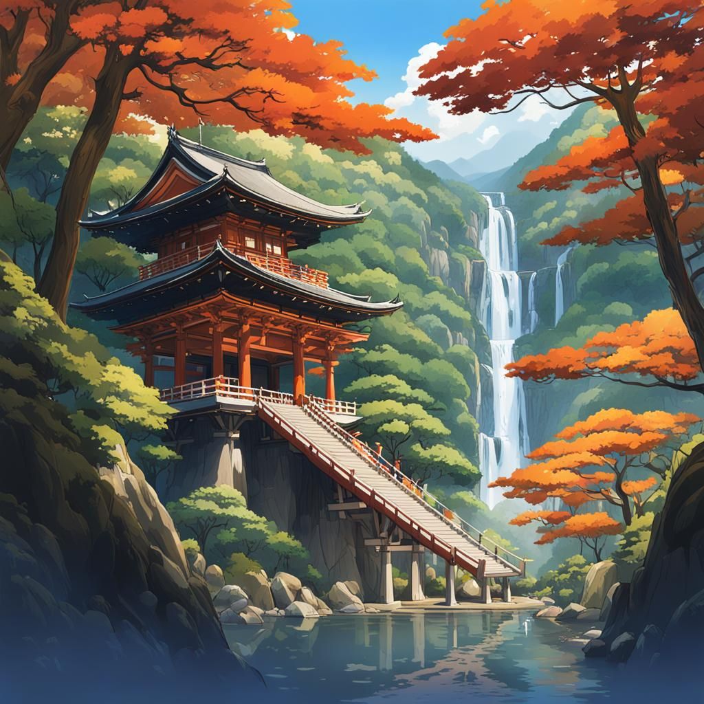 Kumano Nachi Shrine and Falls: Ghibli-Inspired Anime Visual