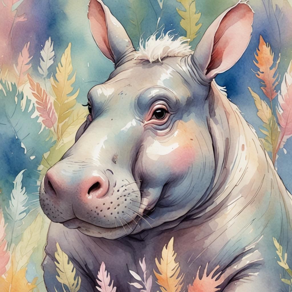Whimsical Hippo-Rabbit Hybrid in Watercolor Style