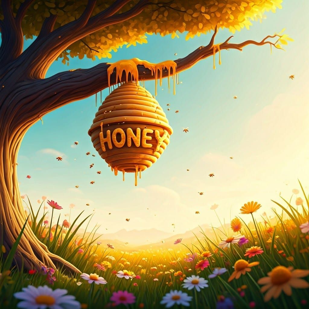 Honey Beehive in a Flower Field, as 3D Digital Art