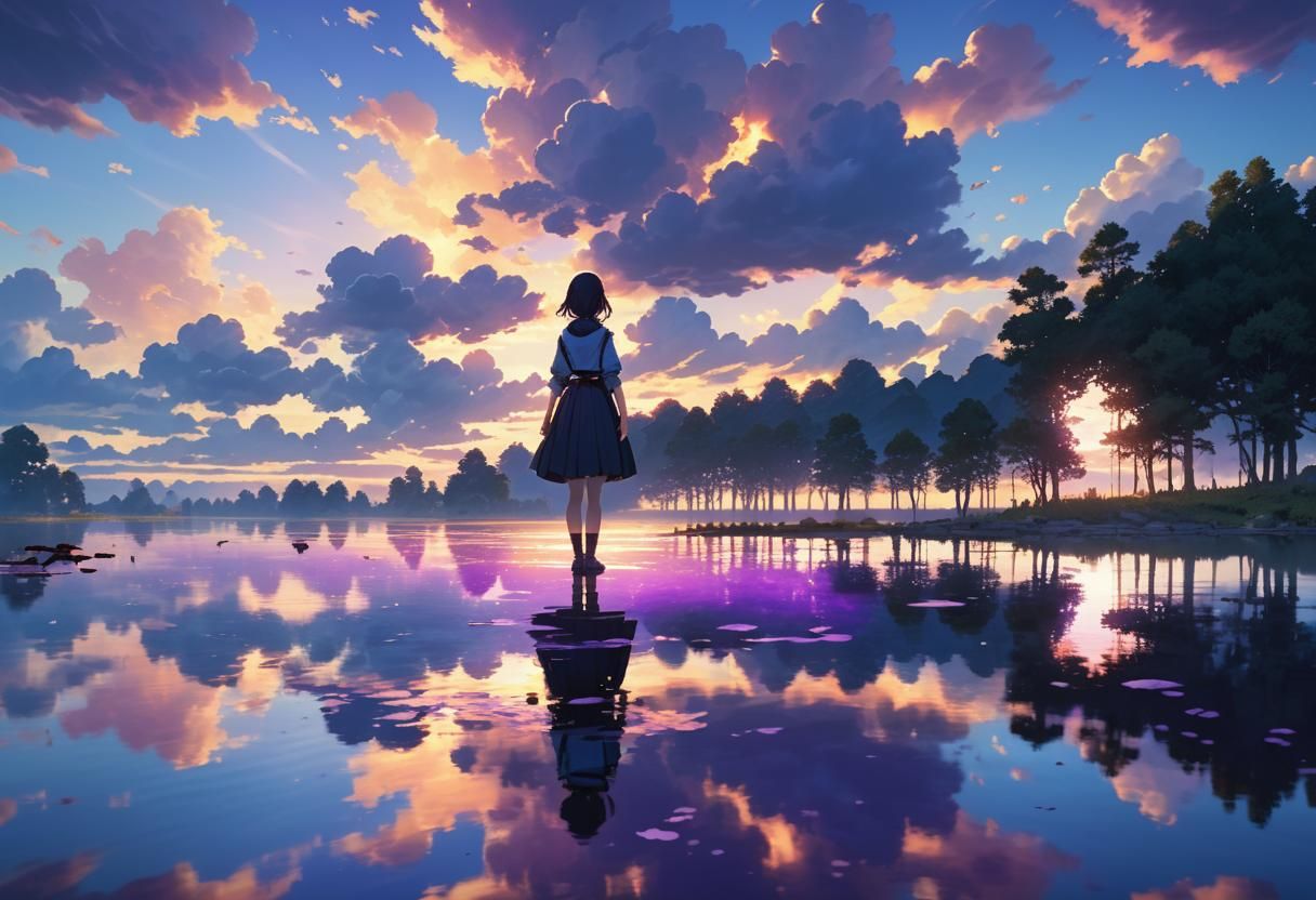 Woman at Sunset Lake: Anime Art Photography