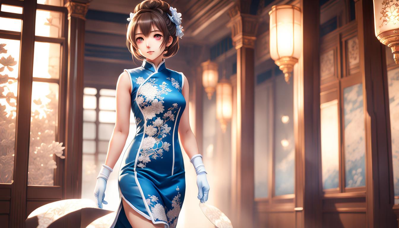 Anime Girl in Cheongsam, Hyperdetailed Digital Art