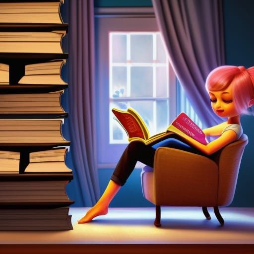 Girl Reading Book in Cozy Living Room, Pixar Style