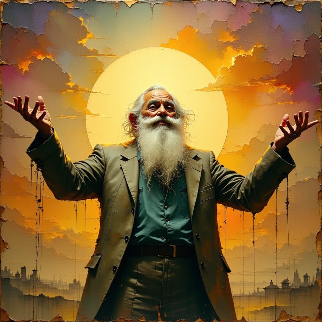 Elderly Man Dancing Joyfully in Surreal Dreamscape