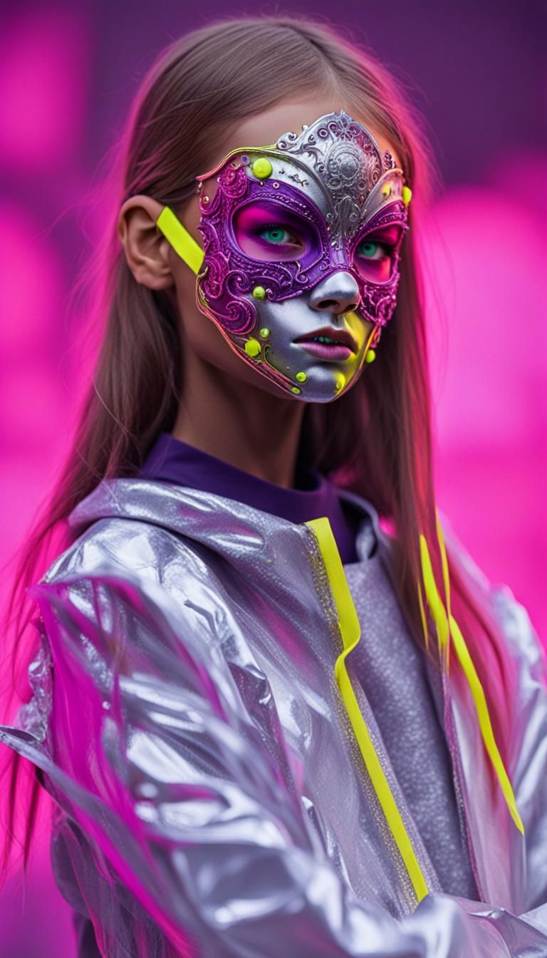 kristina pimenova, ghoul neon glow pink, dark white and yellow, dark purple and silver mask eye-catching detail, grotesq...