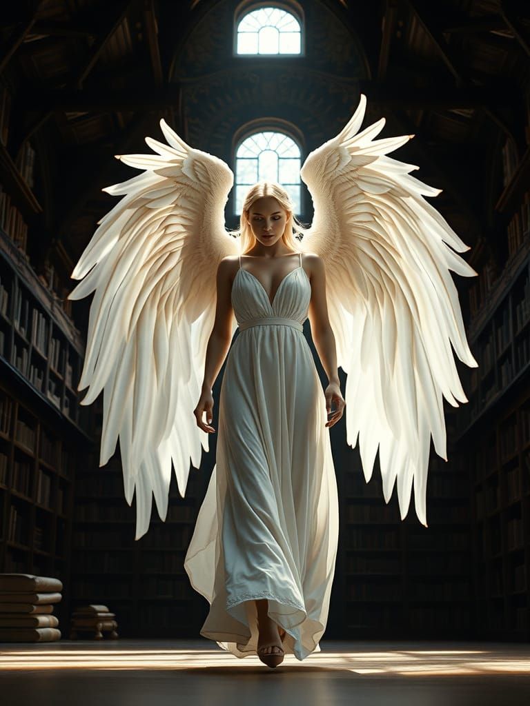 Regal Angel in a Medieval Castle Library