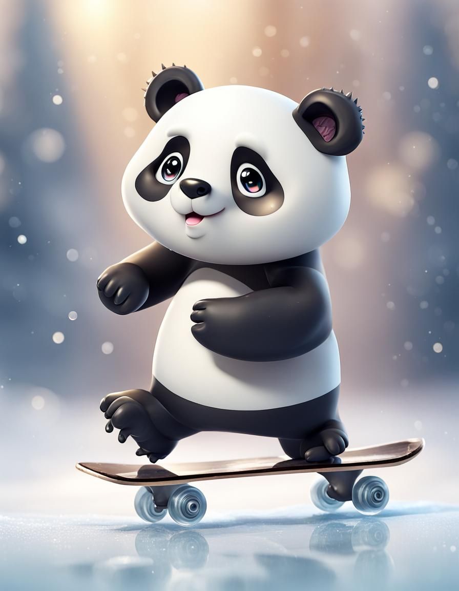 Chibi Panda Bear Figure Skating on Ice