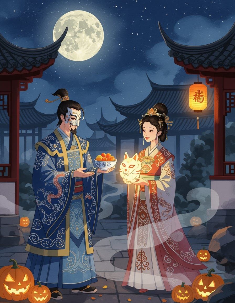 Ancient Chinese Royalty Celebrate Halloween in Courtyard
