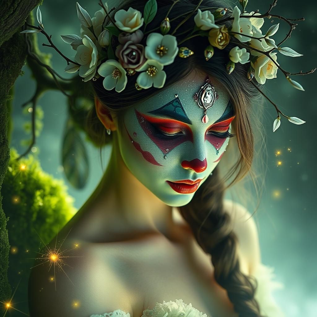 Mossy Forest Clown Girl in Ethereal Light