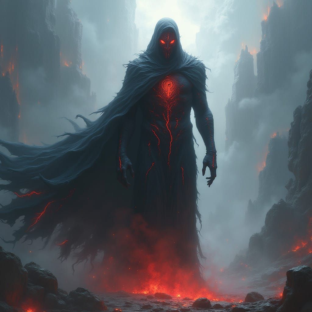 Dark Fantasy Figure with Glowing Red Cracks, Shrouded in Dar...