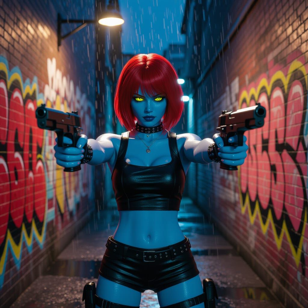Blue Skinned Woman with Red Hair Holds Guns in Alley