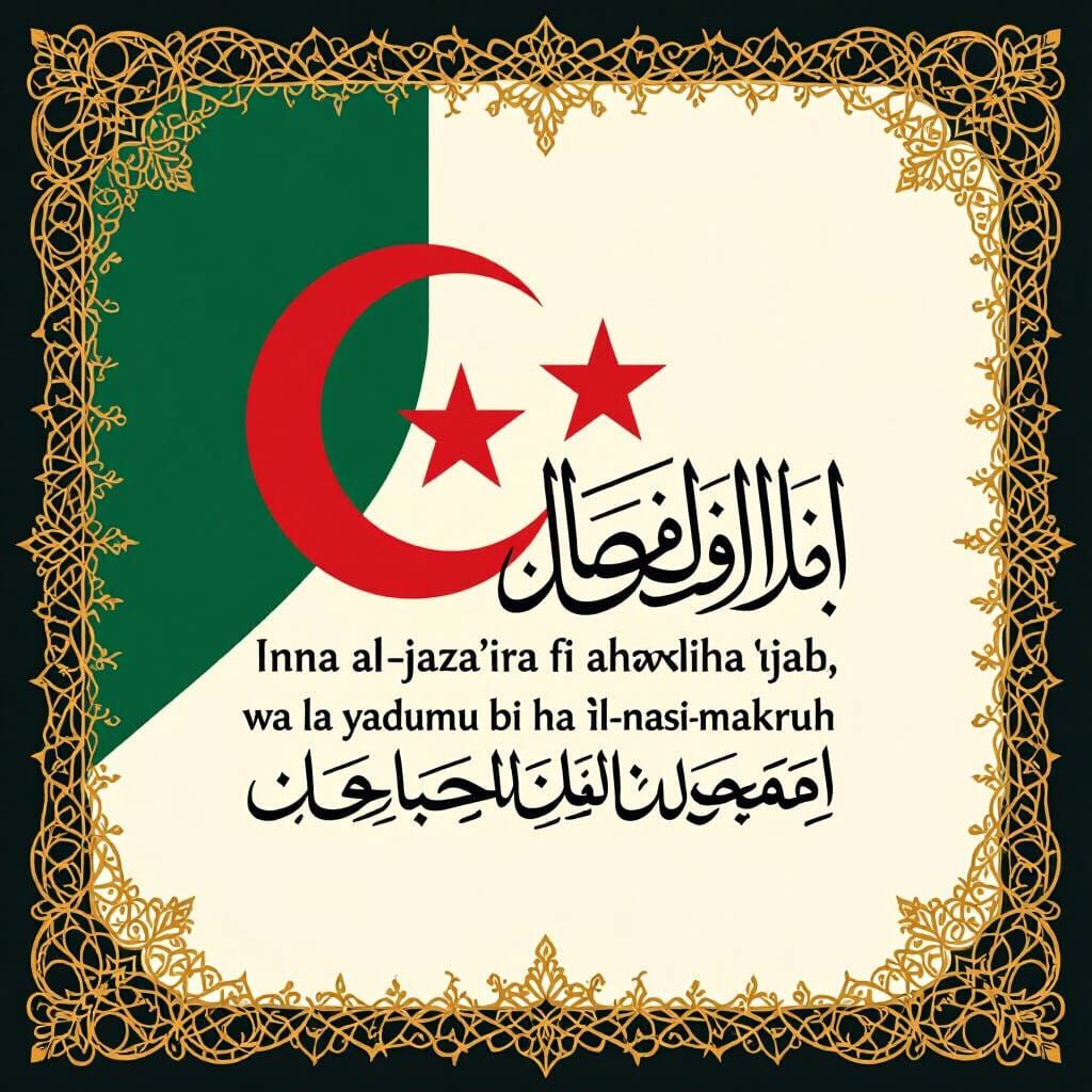 Algerian Flag Poem in Golden Arabic Calligraphy