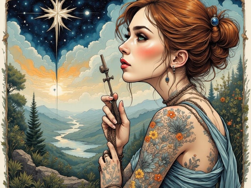 Woman With Compass Tattoo Gazes Into Distance