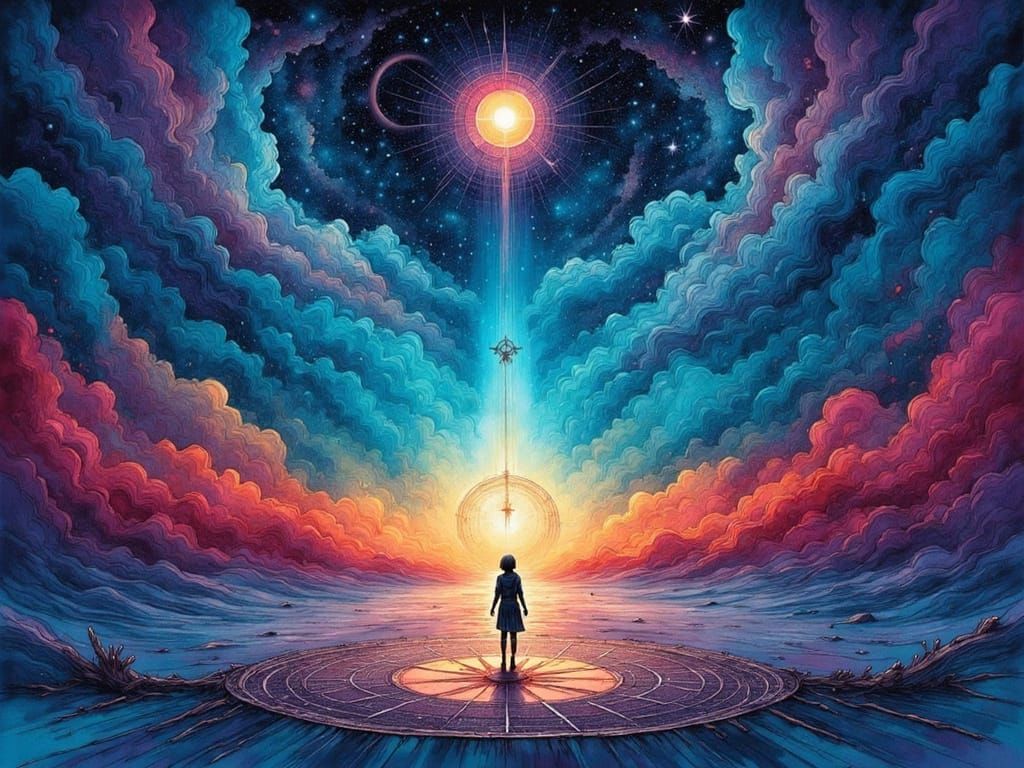 Figure at Crossroads with Cosmic Compass