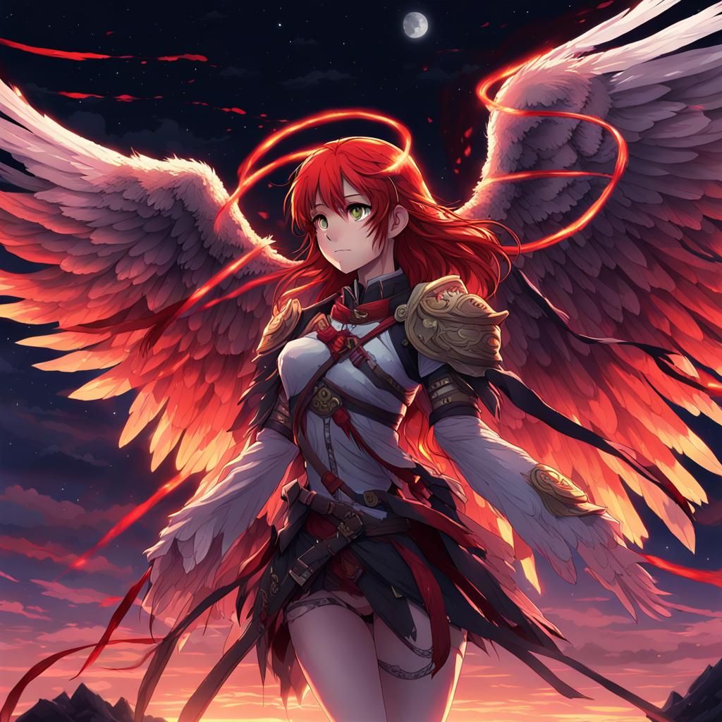 Red-Haired Angel with Rainbow Wings, Anime Style