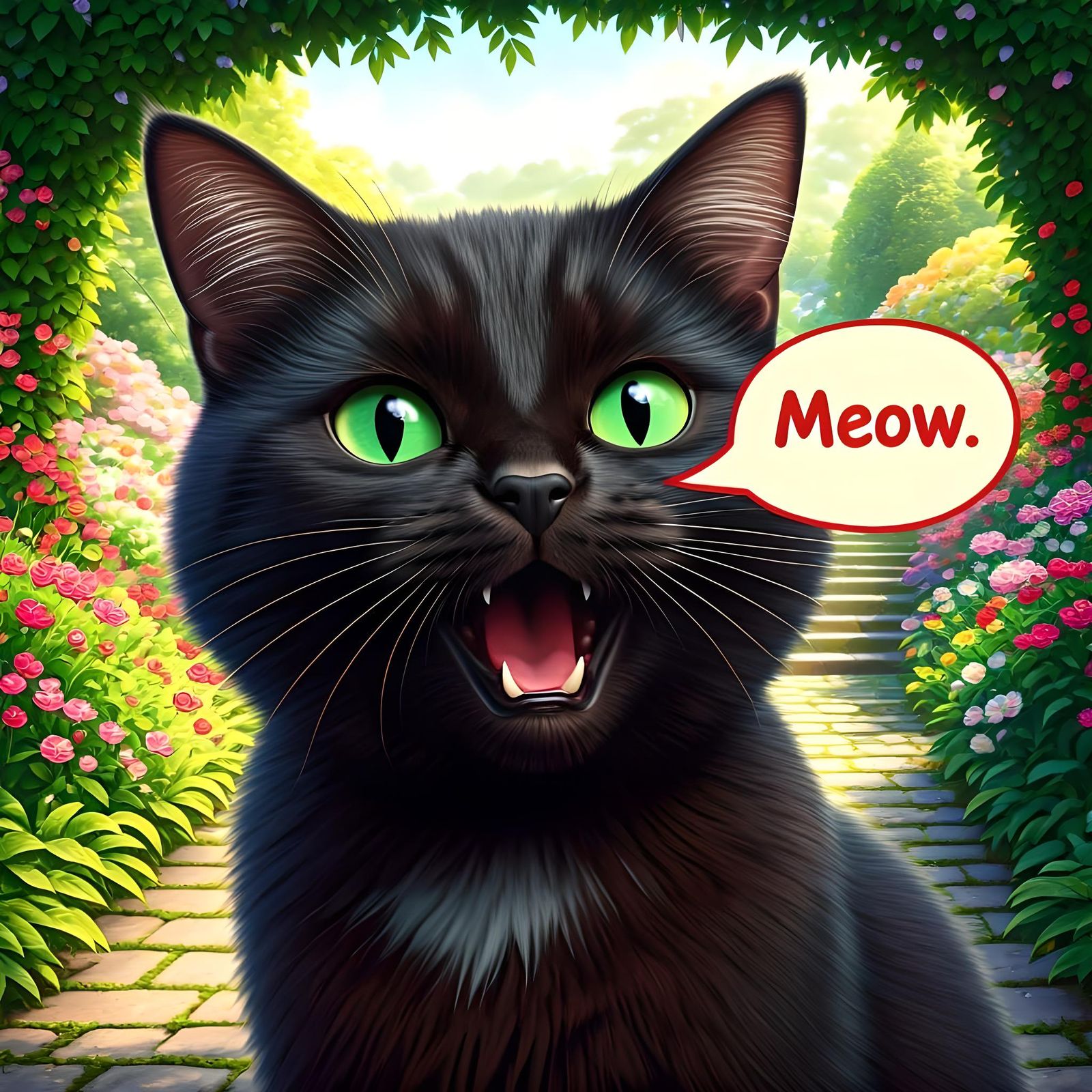Beautiful Black Cat Meowing in Garden Concept Art