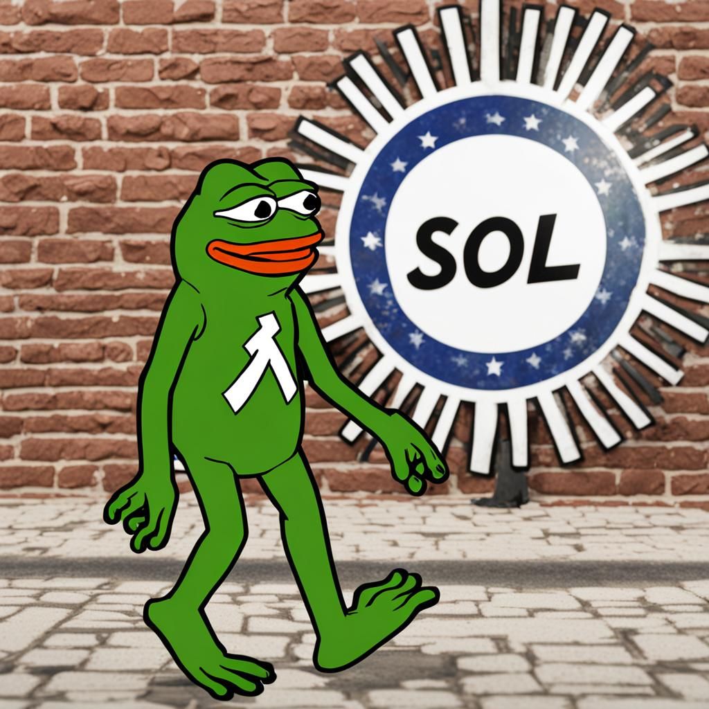 Pepe the frog" walking towards a sign that reads "SOL"