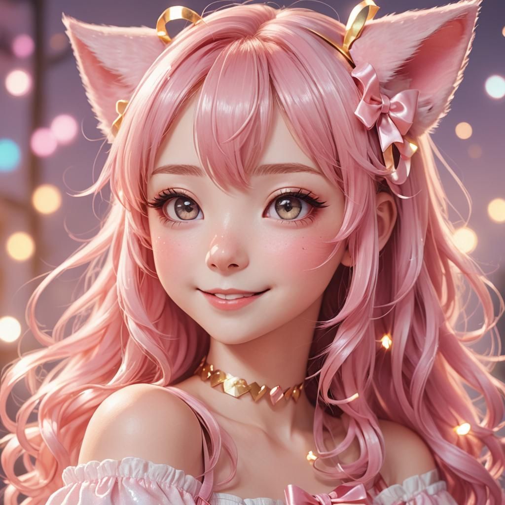 Anime Girl Portrait with Cat Ears in Moe Style