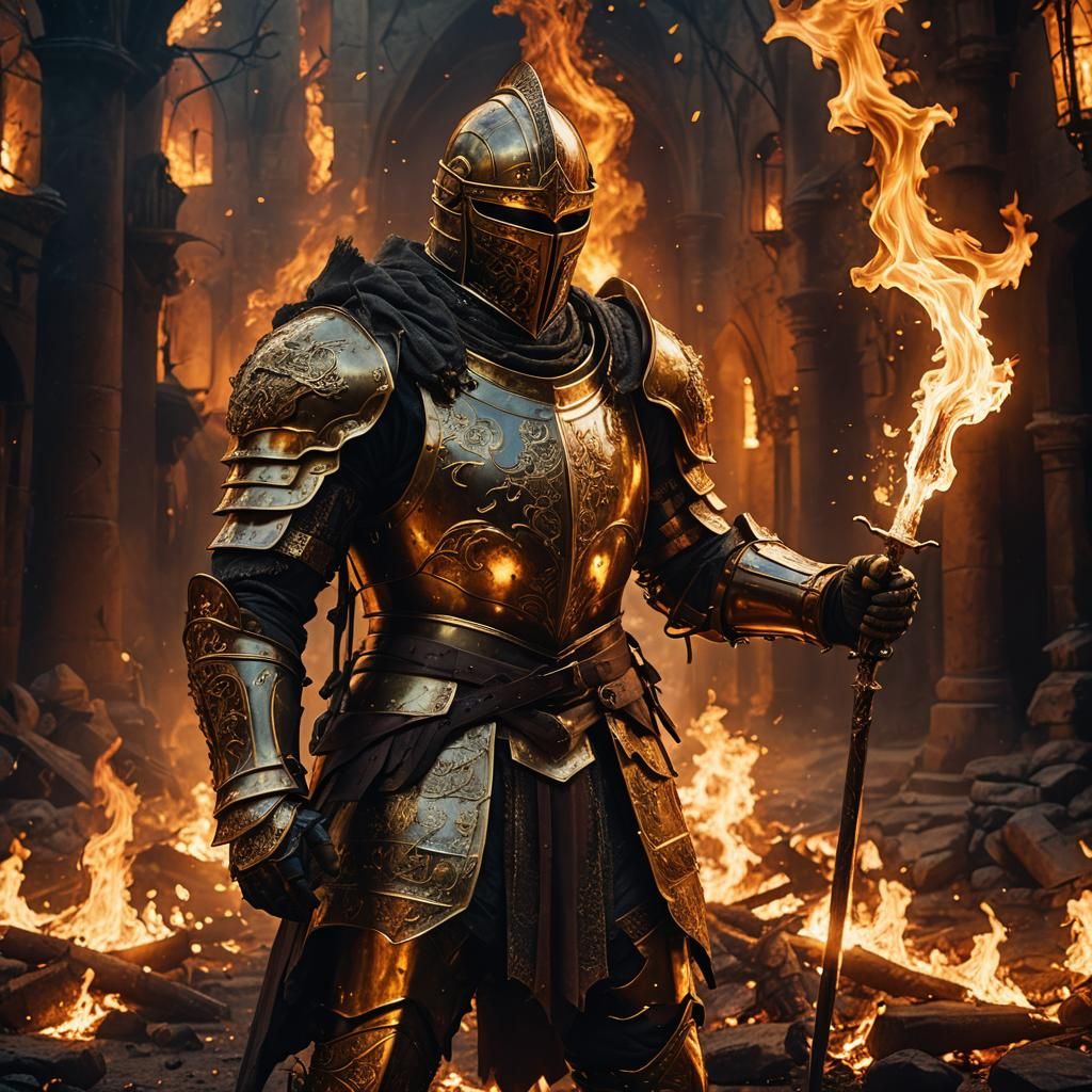 Golden Knight Amidst Fiery Night, Fantasy Concept Art