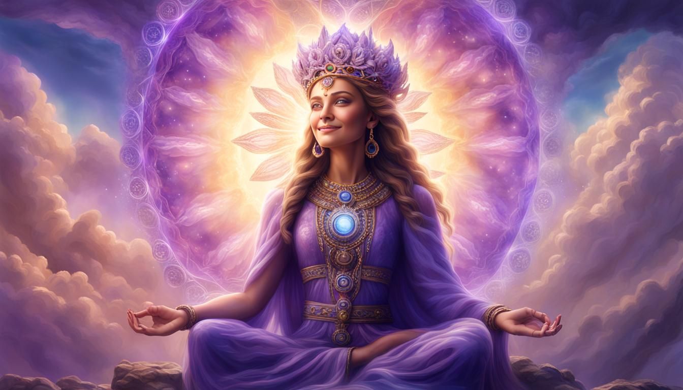 Smiling Goddess Meditating in a Purple Field