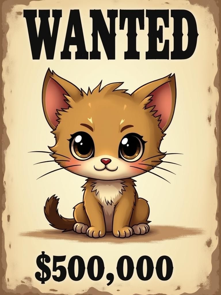 Chibi Kitten Wanted Poster in Vintage Style