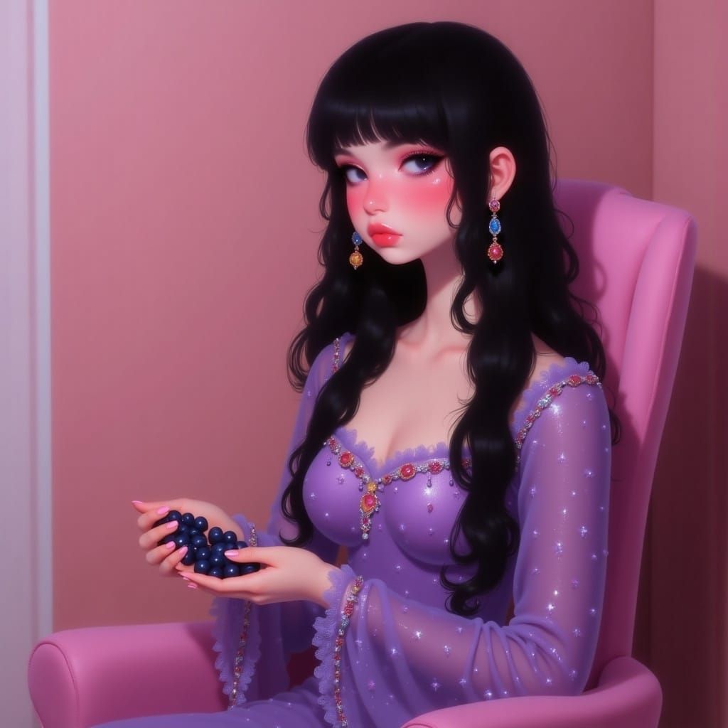 Elegant Woman with Purple Eyes and Lace Dress