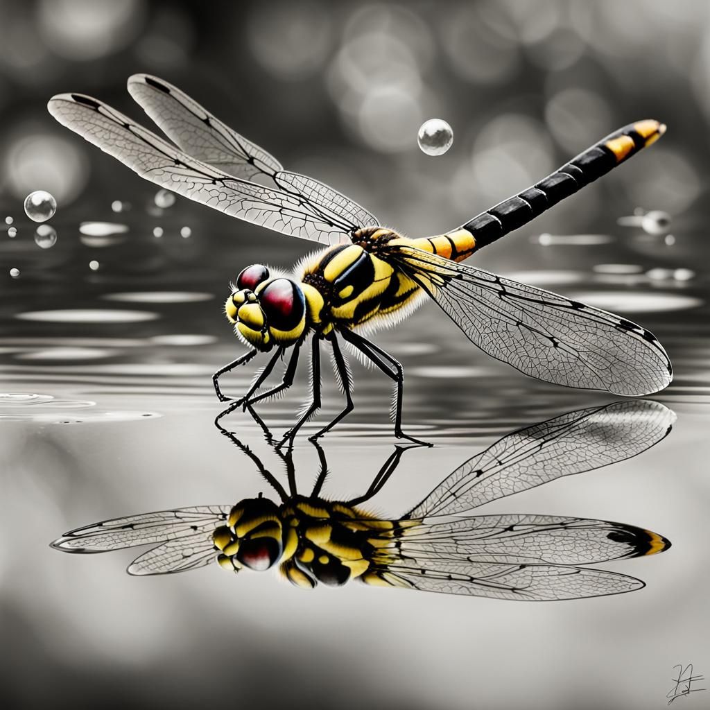 Dragonfly Reflection in Charcoal Drawing Style