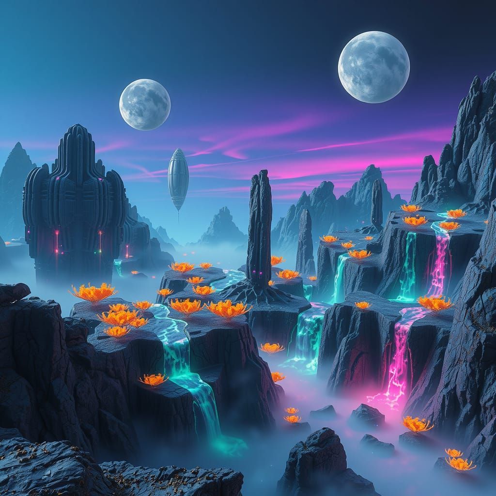 Alien Planet with Bioluminescent Flora and Floating Islands